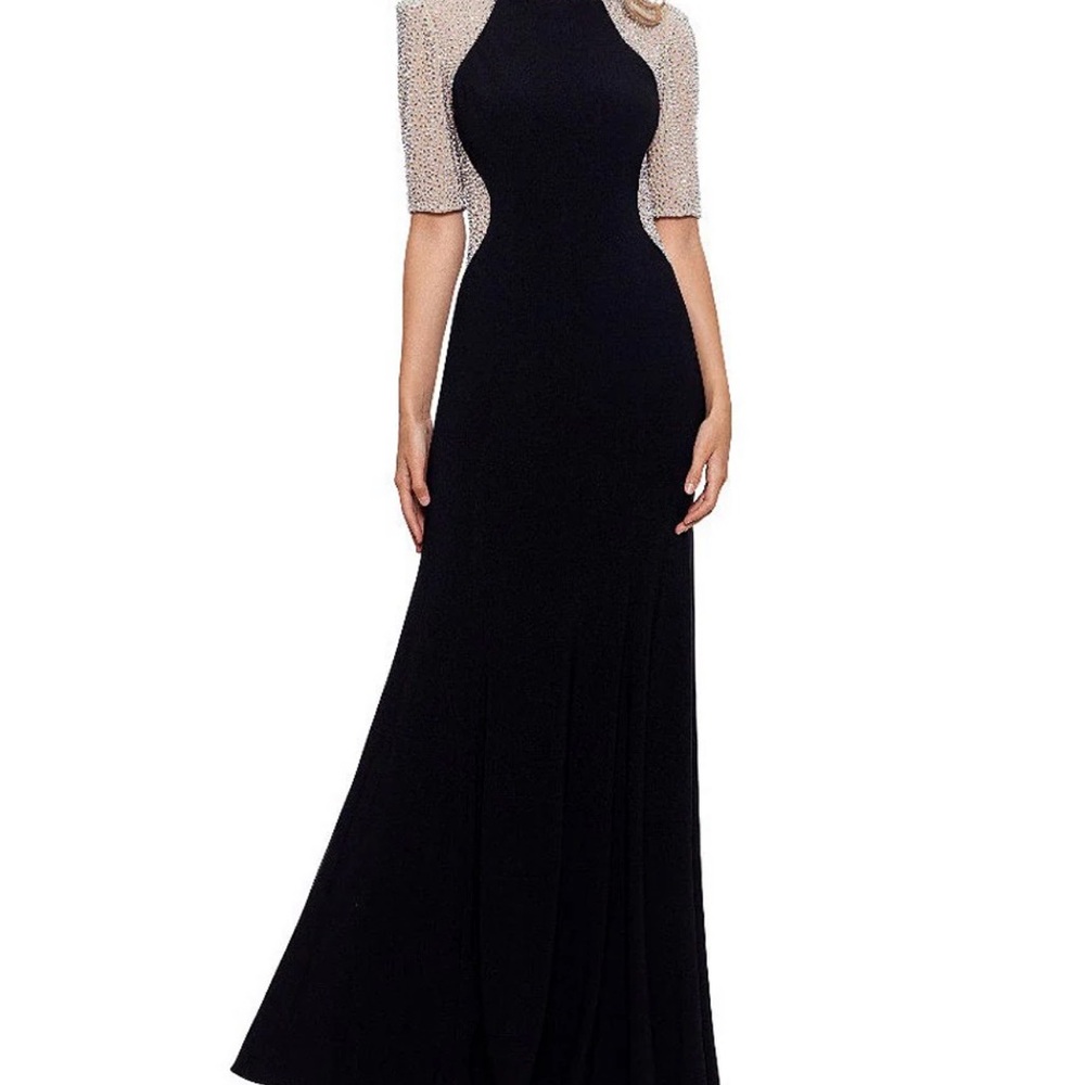 Xscape Beaded Sheath Gown with Mesh Panels
